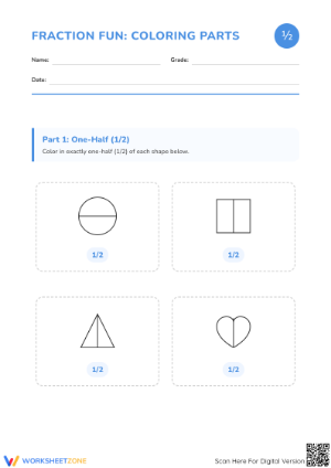 Printable Fraction Fun: Coloring 1/2 and 1/3 - Grade 1-2