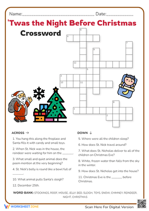 Twas the Night Before Christmas Crossword - Holiday Fun!