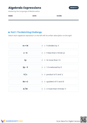 6.EE.A.2 Worksheet: Algebraic Expressions — Grade 6 Aligned