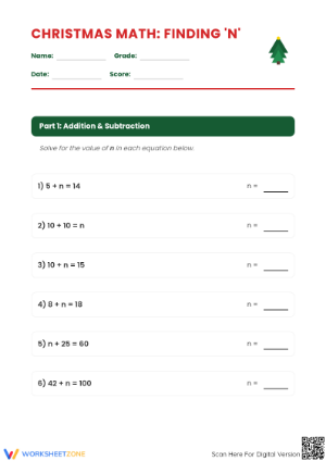 Grade 6 Christmas Algebra — Printable No-Prep Worksheet