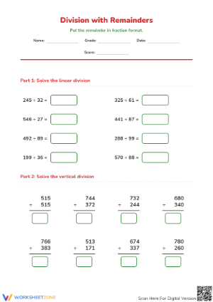 Printable Holiday Math: Division with Remainders — Grade 5