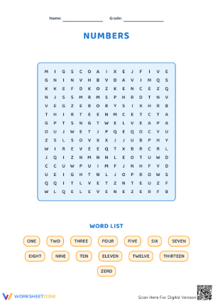 Grade 1 Numbers Word Search — Printable No-Prep Worksheet