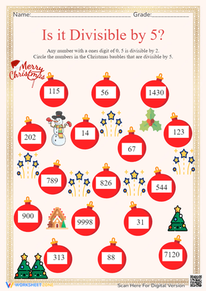 Christmas Divisibility by 5 Worksheet - Math Bauble Fun