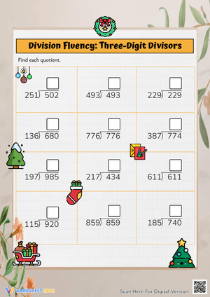 Division Fluency with Three-Digit Divisors Worksheet