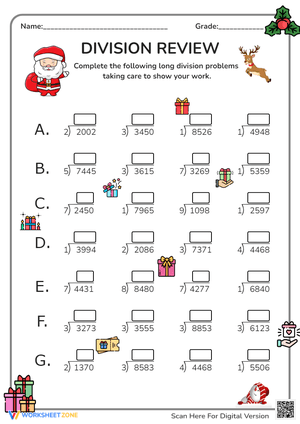 Christmas Math: Multi-Digit Division Review Worksheet