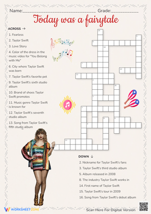 Taylor Swift Crossword Puzzle - Music & Trivia Worksheet