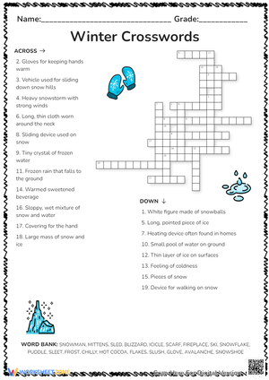 Winter Vocabulary Crossword Worksheet