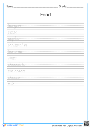 Cursive Handwriting Practice with Food Vocabulary