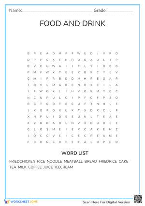 Word Search Puzzle about Food and Drink