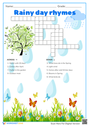 Rainy Day Rhymes Crossword - Spring Vocabulary Puzzle (Grades 1-3)