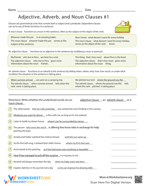 Adjective, Adverb and Noun Clauses Worksheet
