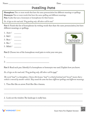 Puzzling Puns Worksheet: Homophones, Homonyms & Wordplay