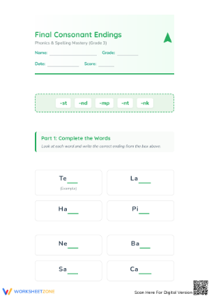 Final Consonant Endings Worksheet | Grade 3 Printable