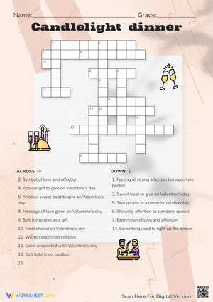 Valentine's Day Crossword - Candlelight Dinner Vocabulary (Grades 3-5)