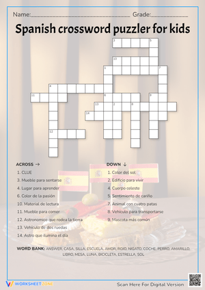 Spanish Crossword Puzzle for Kids