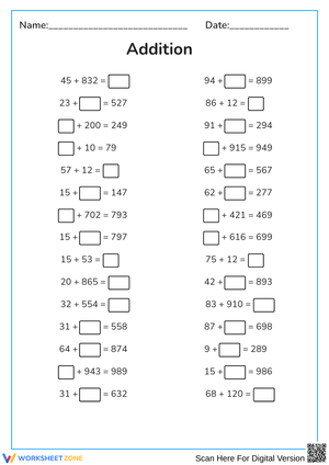 Addition Practice with Missing Numbers