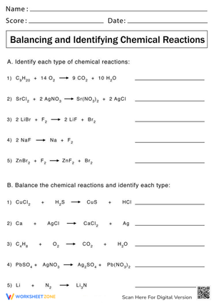 Chemical Reactions Worksheet with Answers