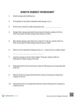 Understanding Kinetic Energy Worksheet