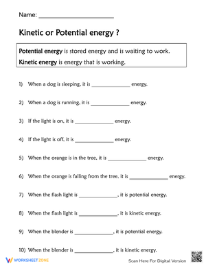 Kinetic and Potential Energy Worksheet for Kids
