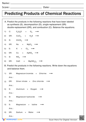 Predicting Products of Chemical Reactions Worksheet