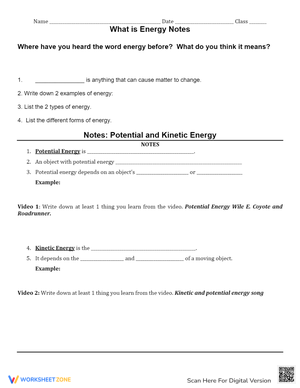 Energy Worksheet - Potential and Kinetic Energy