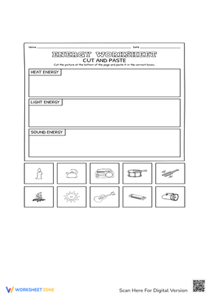 Energy Worksheet Cut and Paste Activity