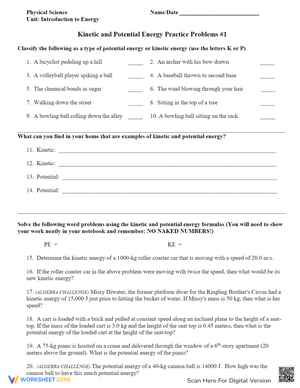 Energy Worksheet: Kinetic vs Potential Problems