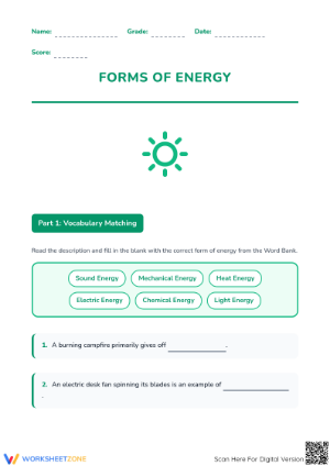 Forms of Energy Worksheet – Match Heat, Light, and Sound Energy