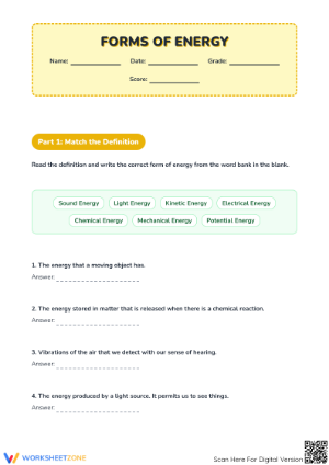 Worksheet to Identify Forms of Energy