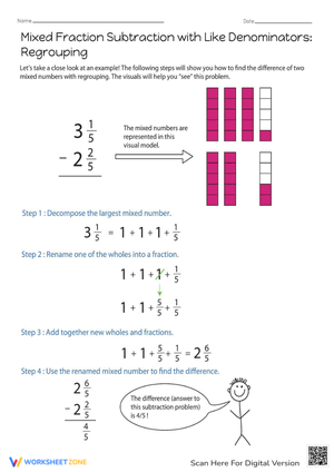 Mixed Fraction Subtraction with Like Denominators: Regrouping