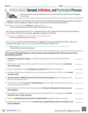 Types of Phrases: Gerund, Infinitive, Participial Worksheet
