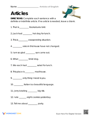 Correct Article or None Worksheet