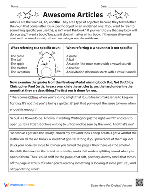 Master Articles with Awesome Articles Worksheet