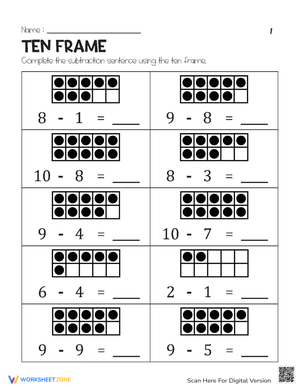 Ten Frame Subtraction Worksheet