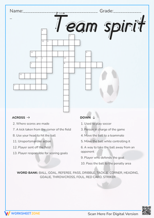 Soccer Team Spirit Crossword Puzzle - Vocabulary Worksheet