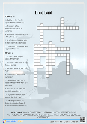 Dixie Land Civil War Crossword — Printable Grade 5