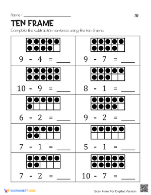 Ten Frame Subtraction Practice for 10