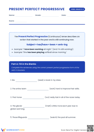 Printable Present Perfect Progressive Worksheet | Grade 5-8