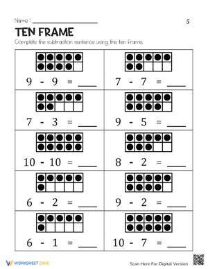 Ten Frame Subtraction Practice for 5