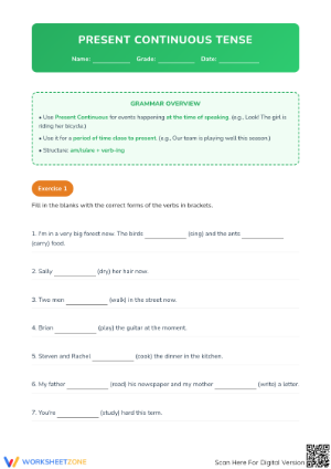 Present Continuous Tense Worksheet | Grade 5 Printable
