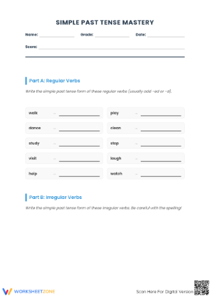 Simple Past Tense Mastery Printable Worksheet | Grade 5-8
