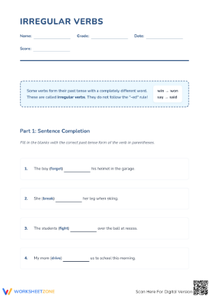 Irregular Verbs Printable Worksheet | Grade 4 ELA