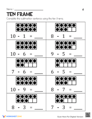 Ten Frame Subtraction Practice Worksheet