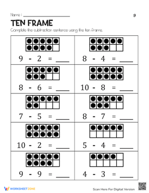 Ten Frame Subtraction 9: Practice Math Skills