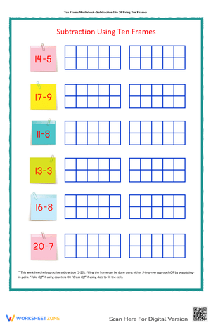 Ten Frame Subtraction 1 to 20: Practice Math