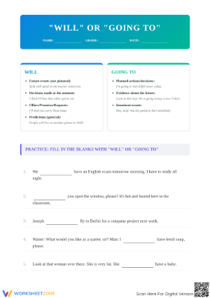 Printable Will vs Going To Worksheet | Grade 5 Grammar