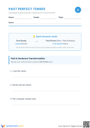 Printable Past Perfect Tense Worksheet | Grade 5-8 Grammar