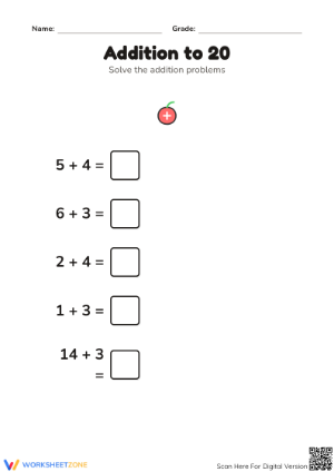 Grade 1 Addition to 20 — Printable No-Prep Worksheet