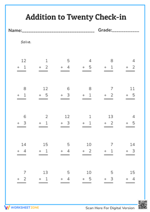 Addition to 20 Practice - Kindergarten & 1st Grade Math Worksheet
