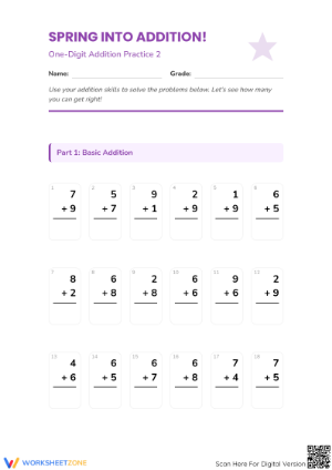 Printable One-Digit Addition Worksheet | Grade 1 Essential